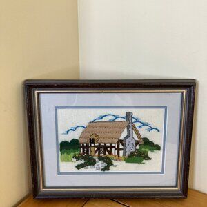 English Tatched Cottage Crewel Embroidery Completed Framed Picture 8.25x10.75"